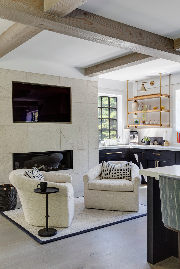 KVC suburban transitional kitchen sitting area and fireplace