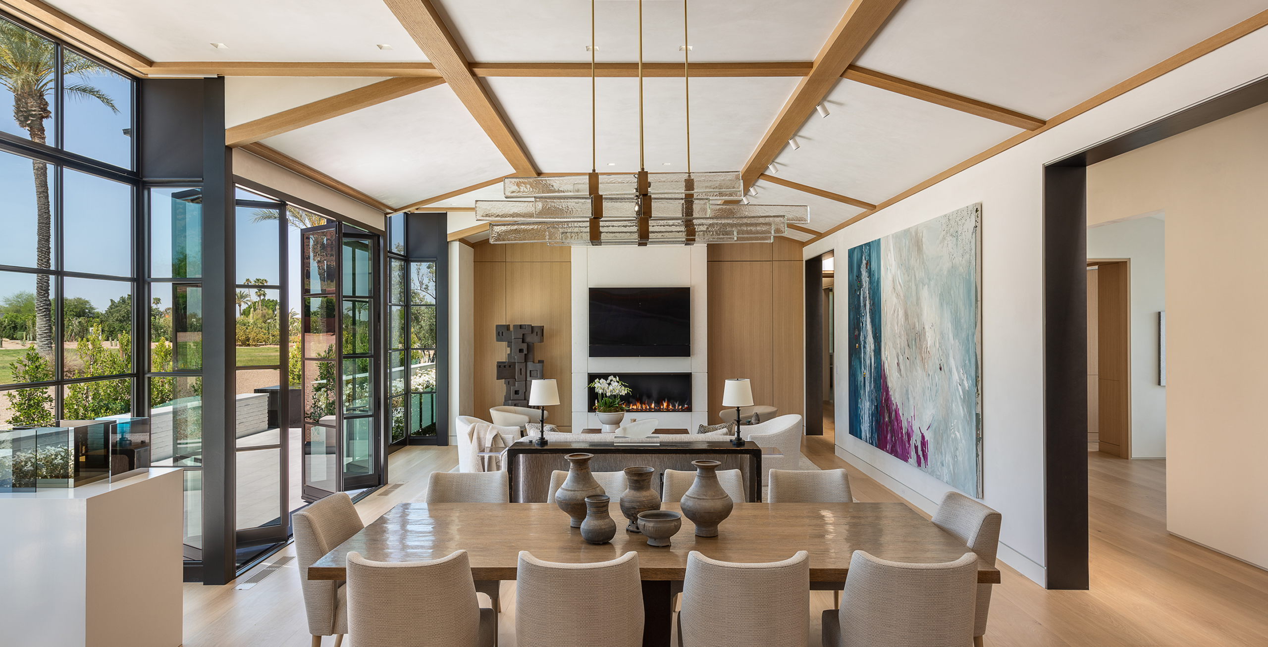 Suburban Transitional Pool House at dusk